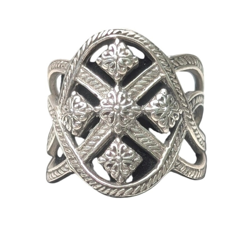 Sarda Sterling Silver 925 Ornate Openwork Cross Shield Statement‎ Ring Size 7